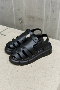 Qupid Solid Black Flat Platform Cage Strap Sandals