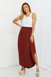 Zenana Solid Red Smocked Waist Slit Side Curved Hem Maxi Skirt