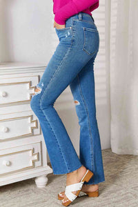Kancan Jolie High Waisted Distressed Raw Hem Blue Denim Bootcut Jeans