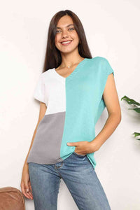 Double Take Color Block Short Sleeve Rib Knit Top