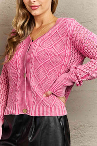 HEYSON Fushia Mineral Washed Soft Cable Knit Cardigan