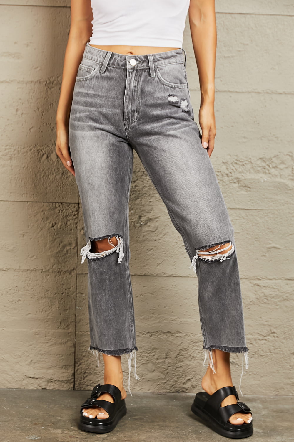 BAYEAS Trending Stone Wash Distressed Cropped Straight Leg Gray Denim Jeans