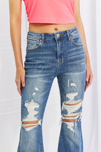 RISEN Hazel High Rise Distressed Chewed Raw Hem Flared Leg Blue Denim Jeans