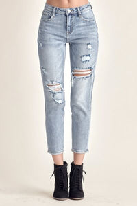 RISEN Distressed Cropped Blue Denim Skinny Jeans