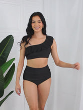Load and play video in Gallery viewer, Marina West Swim Solid Black One Shoulder Ruffle Two Piece Bikini Set
