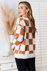 Double Take Checkered Button Down Dropped Shoulder Cardigan