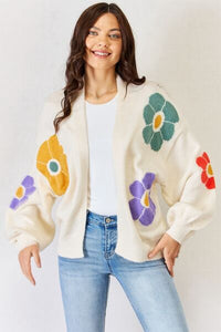 J.NNA Open Front Floral Long Puffy Sleeve Knit Cardigan
