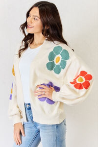 J.NNA Open Front Floral Long Puffy Sleeve Knit Cardigan