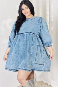HEYSON Oversized Relaxed Fit Blue Denim Babydoll Dress