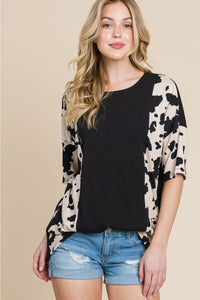 BOMBOM Solid Black Cow Pattern Contrast Half Sleeve Ribbed Knit Top