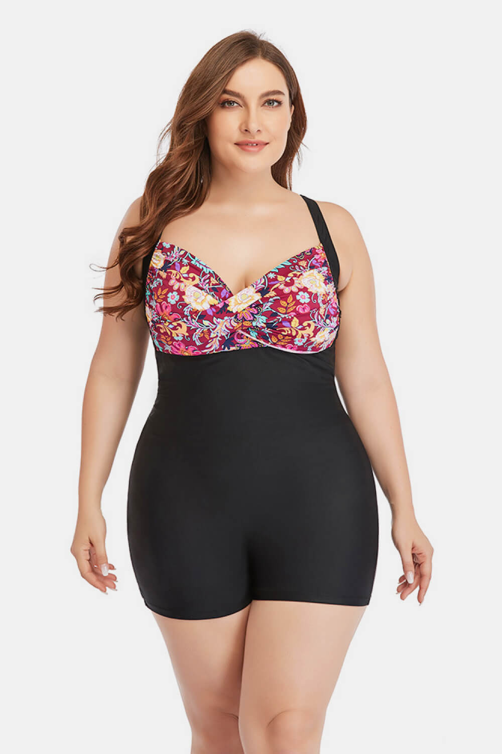 LYB Swimwear Plus Size Solid Floral Contrast One Piece Swimsuit