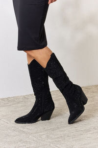 Forever Link Black Rhinestone Embellished Knee High Cowgirl Boots