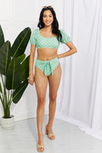 Load image into Gallery viewer, Marina West Swim Green Polka Dot Puffy Sleeve Tie Detail Bikini Set

