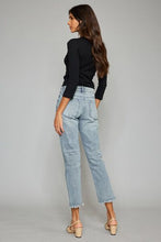 Load image into Gallery viewer, Kancan High Waisted Button Fly Raw Hem Cropped Blue Denim Straight Leg Jeans
