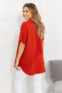 Zenana Red Orange Button Down Gauze Textured Short Sleeve Top