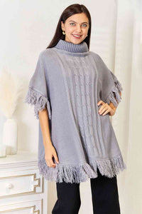 Justin Taylor Gray Fringe Turtleneck Poncho