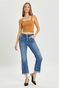 RISEN Button Fly Flared Leg Blue Denim Cropped Jeans