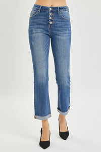 RISEN Button Fly Flared Leg Blue Denim Cropped Jeans