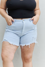 Carregar imagem no visualizador da galeria, RISEN Katie High Rise Distressed Chewed Raw Hem Ice Blue Denim Jean Shorts
