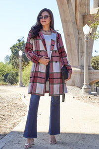 Double Take Plaid Button Down Lapel Collared Coat