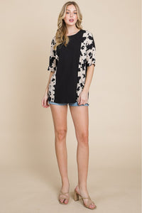 BOMBOM Solid Black Cow Pattern Contrast Half Sleeve Ribbed Knit Top