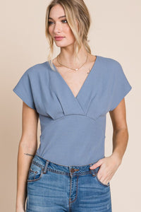 HEYSON Misty Blue Short Sleeve Pleated Lined Bodysuit