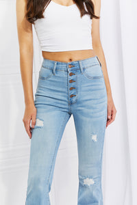 Vibrant MIU Jess High Waisted Distressed Button Fly Flared Leg Blue Denim Jeans