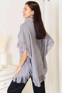 Justin Taylor Gray Fringe Turtleneck Poncho