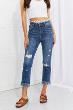 Load image into Gallery viewer, RISEN Undone High Waisted Fringe Raw Hem Straight Leg Blue Denim Jeans
