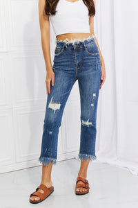 RISEN Undone High Waisted Fringe Raw Hem Straight Leg Blue Denim Jeans