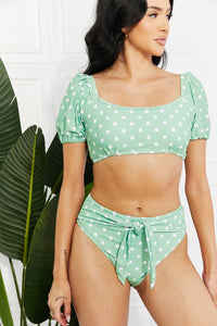 Marina West Swim Green Polka Dot Puffy Sleeve Tie Detail Bikini Set