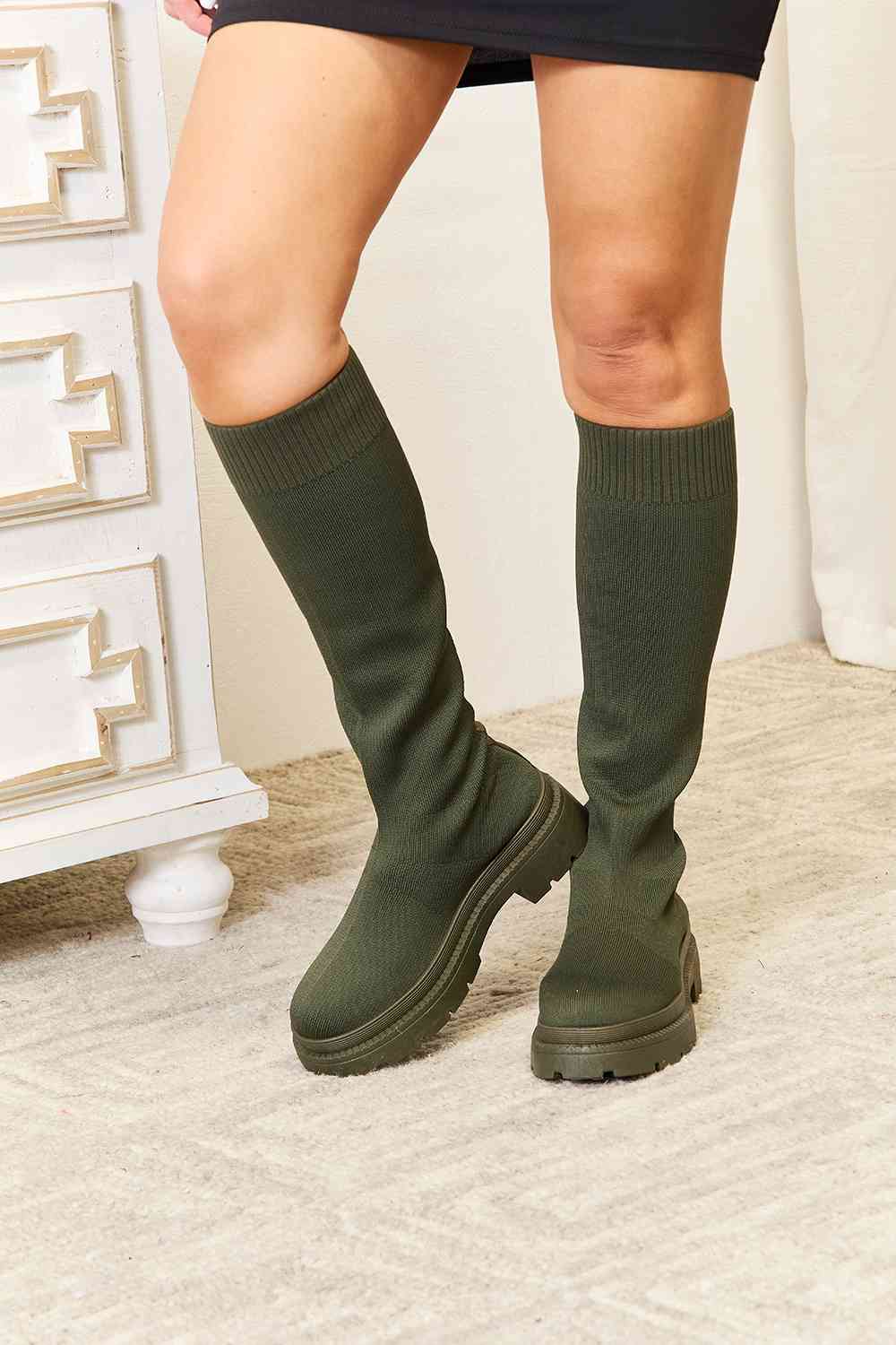 WILD DIVA Olive Green Knee High Platform Sock Boots