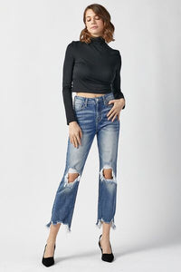 RISEN High Waisted Distressed Chewed Raw Hem Blue Denim Cropped Straight Leg Jeans