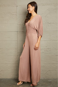 Culture Code Mocha Smocked Waist Jumpsuit