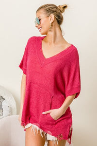 BiBi Fuchsia Distressed Relaxed Fit Sweater