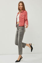 Load image into Gallery viewer, RISEN Red Distressed Raw Hem Cropped Denim Jacket

