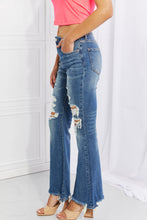 Load image into Gallery viewer, RISEN Hazel High Rise Distressed Chewed Raw Hem Flared Leg Blue Denim Jeans
