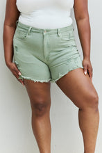 Load image into Gallery viewer, RISEN Katie High Rise Distressed Chewed Raw Hem Green Denim Shorts
