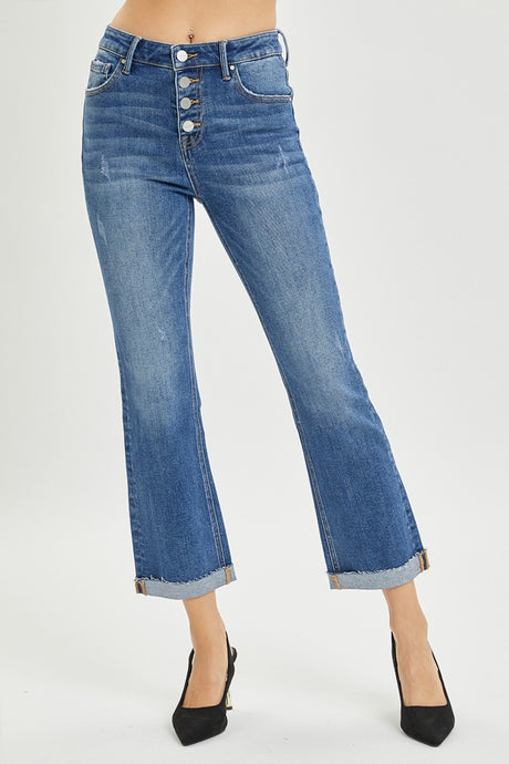 RISEN Button Fly Flared Leg Blue Denim Cropped Jeans