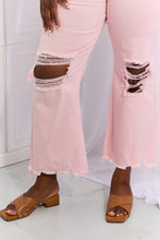 Load image into Gallery viewer, RISEN Miley High Rise Distressed Chewed Raw Hem Flared Leg Pink Denim Jeans
