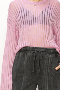 HYFVE Pink Openwork Long Sleeve Ribbed Knit Top