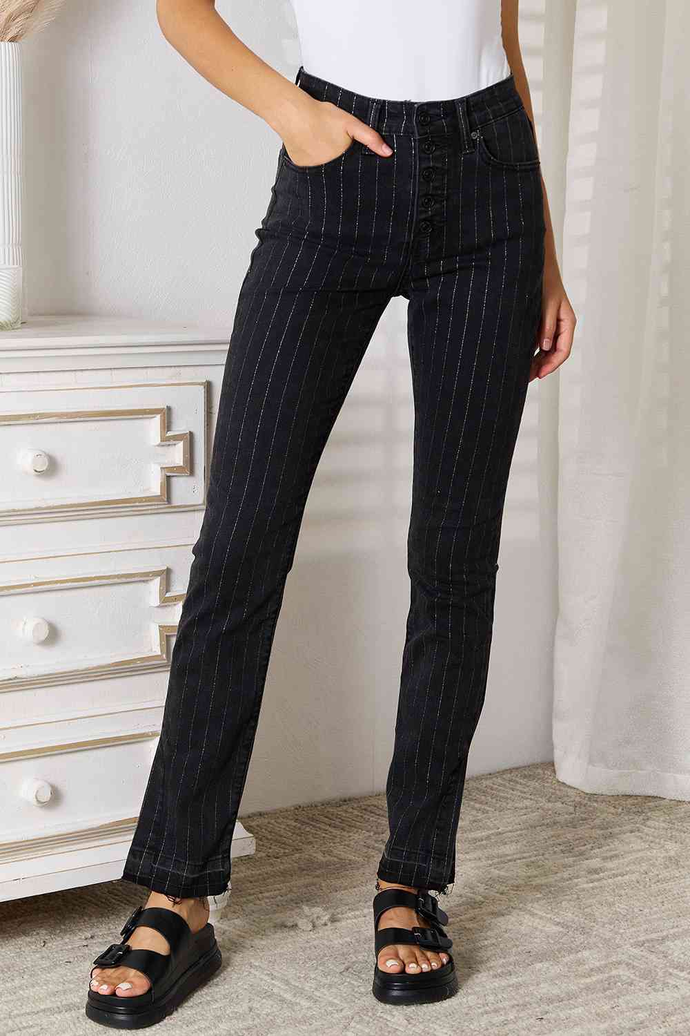 Kancan Striped Black Denim Relaxed Skinny Jeans