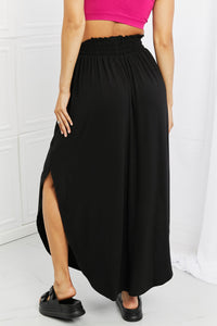 Zenana Solid Black Smocked Waist Slit Side Curved Hem Maxi Skirt