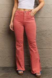 RISEN Bailey High Rise Raw Side Slit Hem Flared Leg Pink Denim Jeans