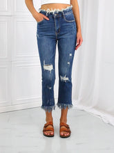 Load and play video in Gallery viewer, RISEN Undone High Waisted Fringe Raw Hem Straight Leg Blue Denim Jeans
