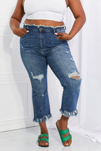 Cargar imagen en el visor de la galería, RISEN Undone High Waisted Fringe Raw Hem Straight Leg Blue Denim Jeans
