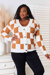 Double Take Checkered Button Down Dropped Shoulder Cardigan