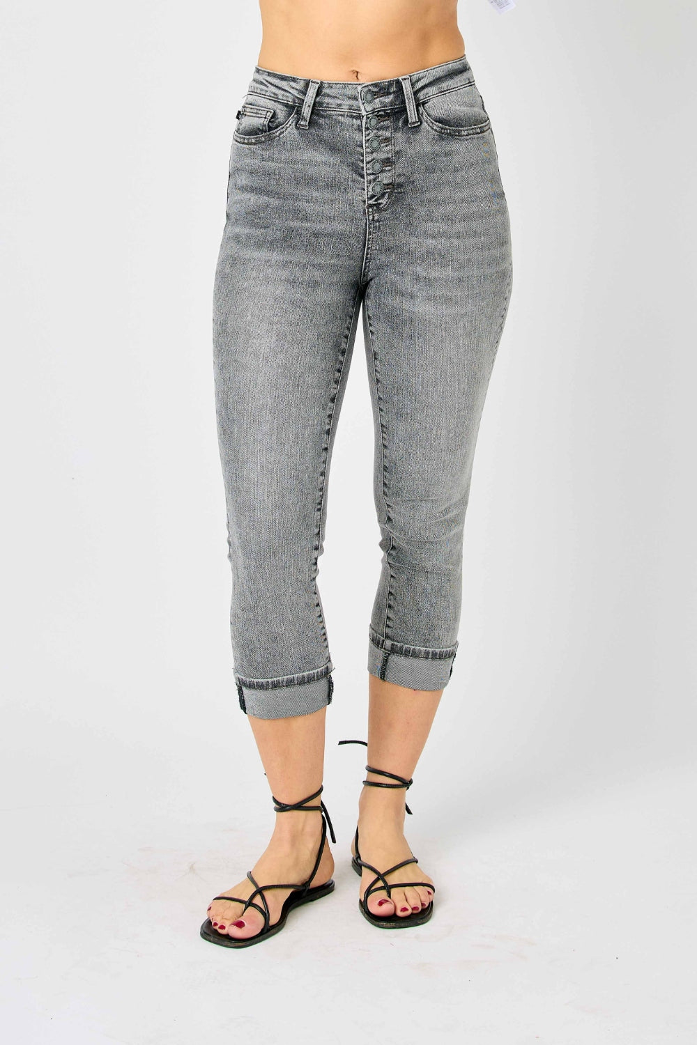 Judy Blue Sasha High Waist Cuffed Button Fly Blue Denim Capri Jeans