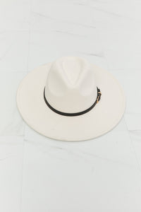 Fame Solid Beige Contrast Black Vegan Leather Belt Buckle Wide Brim Hat