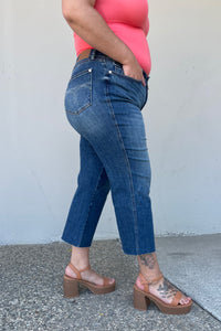 Judy Blue Renee High Rise Wide Leg Cropped Medium Blue Wash Denim Jeans